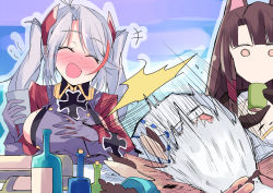 Rule 34 | 3girls, akagi (azur lane), alcohol, animal ears, antenna hair, azur lane, blush, bottle, breasts, brown hair, closed eyes, clothing cutout, commentary, commentary request, cross, cup, drunk, faceplant, fox ears, fox girl, gloves, highres, himiya jouzu, iron cross, japanese clothes, kaga (azur lane), large breasts, laughing, long hair, long sleeves, mole, motion lines, multicolored hair, multiple girls, outdoors, prinz eugen (azur lane), red eyes, red hair, short hair, side cutout, slapping, smack, streaked hair, table, teacup, two side up, white hair