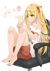 Rule 34 | 1girl, alternate costume, alternate hair length, alternate hairstyle, bare shoulders, barefoot, blonde hair, bow, casual, chair, commentary request, contemporary, crescent, crystal, fang, fang out, feet on chair, flan (seeyouflan), flandre scarlet, full body, hair bow, highres, holding, holding phone, knees up, long hair, no headwear, off-shoulder shirt, off shoulder, office chair, one side up, phone, red bow, red eyes, red shorts, shirt, short sleeves, shorts, simple background, sitting, solo, swivel chair, t-shirt, thighs, touhou, very long hair, white background, white shirt, wings