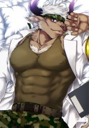 Rule 34 | 1boy, animal ears, bara, belt, bulge, camouflage, camouflage pants, chest hair, coat, covered abs, covered erect nipples, covered navel, cow boy, cow ears, cow horns, dakimakura (medium), doctor, furry, furry male, green tank top, headband, highres, horns, lab coat, large pectorals, male focus, muscular, on bed, open clothes, open coat, pants, pectorals, pillow, purple eyes, purple horns, shennong (housamo), short hair, sideburns, solo, tank top, tokyo houkago summoners, white hair, yanai inaya