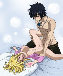 Rule 34 | 1boy, 1girl, artist name, black hair, blonde hair, breasts, clothed sex, closed eyes, fairy tail, gray fullbuster, happy sex, hetero, large breasts, lucy heartfilia, milady666, missionary, sex, spread legs, vaginal