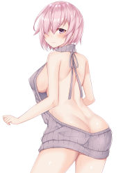 Rule 34 | 1girl, 3:, ass, back, backless outfit, bare arms, bare back, bare shoulders, blush, breasts, butt crack, coffeedog, covered erect nipples, cowboy shot, fate/grand order, fate (series), from behind, grey ribbon, grey sweater, hair over one eye, halterneck, looking at viewer, looking back, mash kyrielight, medium breasts, meme attire, nervous, nervous smile, pink hair, purple eyes, ribbed sweater, ribbon, shiny skin, short hair, short sleeves, shoulder blades, sideboob, simple background, sleeveless, sleeveless turtleneck, smile, solo, standing, sweat, sweater, thighs, turtleneck, turtleneck sweater, virgin killer sweater, white background