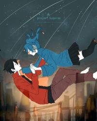 Rule 34 | 1boy, 1girl, bad id, bad pixiv id, black hair, blue eyes, blue hair, ene (kagerou project), falling, holding hands, headphones, hetero, interlocked fingers, jacket, jersey, kagerou project, kisaragi shintarou, looking at another, night, night sky, shooting star, short hair, skirt, sky, smile, star (sky), starry sky, sweater, thighhighs, toma (hazyyyyp), track jacket, twintails, zettai ryouiki