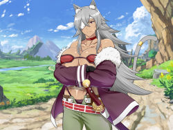 Rule 34 | 1girl, animal ears, bare shoulders, breasts, cat ears, cat tail, choker, closed mouth, cloud, crossed arms, day, eyepatch, feet out of frame, female focus, fur trim, ghislaine dedoldia, grass, grey hair, highres, jacket, large breasts, legs, long hair, looking at viewer, mountain, mushoku tensei, nipple covers, off shoulder, outdoors, red eyes, scar, scar on face, serious, sheath, sky, solo, standing, sword, tail, thighs, upside down (gian2), wavy hair, weapon