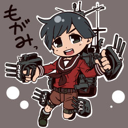 Rule 34 | 10s, 1girl, artillery, backpack, bag, belt, black eyes, black hair, boots, character name, chibi, flat chest, full body, grey background, gun, kantai collection, mecha musume, mogami (kancolle), omiya (louise-louis-lucille), personification, sailor collar, short hair, shorts, simple background, socks, solo, striped clothes, striped socks, weapon