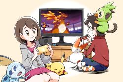 Rule 34 | 1boy, 1girl, ayo (ayosanri009), brown eyes, brown hair, buttons, cable knit, cardigan, charizard, closed mouth, collared dress, commentary request, controller, creatures (company), dress, eyelashes, flame-tipped tail, game freak, gen 1 pokemon, gen 8 pokemon, gigantamax, gigantamax charizard, gloria (pokemon), grey cardigan, grookey, handheld game console, holding, holding controller, holding handheld game console, hooded cardigan, nintendo, nintendo switch, on head, open mouth, pikachu, pink dress, plaid, playing games, pokemon, pokemon (creature), pokemon on head, pokemon swsh, red shirt, scorbunny, shirt, short hair, sitting, sleeves rolled up, smile, sobble, starter pokemon trio, television, victor (pokemon)