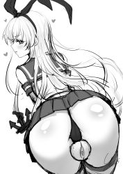 Rule 34 | 1girl, anchor hair ornament, artificial vagina, ass, bad id, bad twitter id, between legs, black panties, bow, gloves, greyscale, hair bow, hair ornament, heart, kantai collection, long hair, looking back, monochrome, panties, partially visible anus, sex toy, shimakaze (kancolle), signature, skirt, solo, striped clothes, striped thighhighs, thighhighs, thong, underwear, yapo (croquis side)