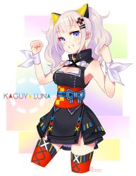Rule 34 | 1girl, animal ears, artist name, bad id, bad pixiv id, black dress, blue eyes, breasts, cat ears, character name, cleavage, cleavage cutout, clenched hands, clothing cutout, cowboy shot, dress, gradient background, grin, hair ornament, hairclip, hands up, highres, kaguya luna, looking at viewer, medium breasts, multicolored background, nan, no legs, obi, red legwear, ribbon, sash, signature, silver hair, simple background, sleeveless, sleeveless dress, smile, solo, standing, striped ribbon, teeth, the moon studio, twintails, virtual youtuber, white ribbon, wrist ribbon, wristband, x hair ornament