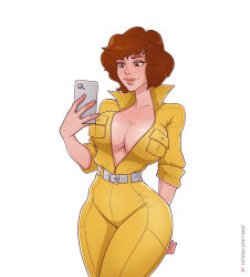 Rule 34 | 1girl, april o&#039;neil, breasts, brown hair, cellphone, cleavage, commentary, cowboy shot, english commentary, eyeshadow, highres, holding, jumpsuit, large breasts, looking at object, makeup, phone, red hair, short hair, simple background, smartphone, solo, teenage mutant ninja turtles, toksie, yellow jumpsuit
