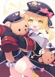 Rule 34 | :d, black coat, black tail, blonde hair, blue archive, boots, bow, coat, crime prevention buzzer, demon tail, halo, hat, hat bow, highres, hugging object, ibuki (blue archive), kano hito, looking at viewer, open mouth, peaked cap, pink bow, side ponytail, sleeves past fingers, sleeves past wrists, smile, stuffed animal, stuffed toy, tail, teddy bear, yellow eyes, yellow footwear, yellow halo