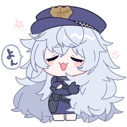 Rule 34 | 1girl, :3, blue hat, blue skirt, blush, chibi, closed eyes, cropped legs, fang, gloves, goddess of victory: nikke, grey hair, hair between eyes, hat, long hair, mzh, open mouth, poli (nikke), police, police hat, police uniform, policewoman, simple background, skirt, solo, uniform, very long hair, white background