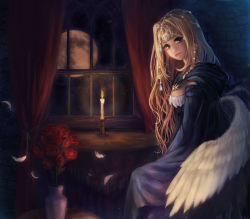 Rule 34 | 1girl, angel wings, bad id, bad pixiv id, blonde hair, bouquet, candle, curtains, dark, falling feathers, feathered wings, feathers, fire, flower, full moon, furuhashi, furuhashi mihiro, gem, hair ornament, lips, long hair, looking at viewer, moon, night, original, rose, scenery, sitting, solo, window, wings