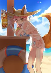 Rule 34 | 1girl, absurdres, animal ear fluff, animal ears, beach, bikini, blue bikini, blush, bracelet, breast rest, breasts, closed mouth, commentary, cup, day, eyebrows hidden by hair, fate/grand order, fate (series), feet out of frame, food, fox ears, fox girl, fox tail, hat, highres, holding, holding cup, iro (boo iro), jewelry, large breasts, looking at viewer, mug, navel, outdoors, parfait, pink hair, see-through, shadow, shirt, short sleeves, side-tie bikini bottom, sidelocks, smile, solo, standing, string bikini, sun hat, sweat, swimsuit, tail, tamamo (fate), tamamo no mae (fate/extra), tamamo no mae (swimsuit lancer) (fate), tamamo no mae (swimsuit lancer) (second ascension) (fate), wet, wet clothes, wet shirt, yellow eyes