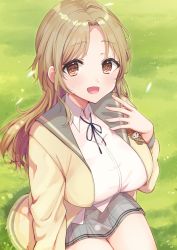 Rule 34 | 1girl, :d, blush, breasts, brown hair, cardigan, cowboy shot, field, grass, hand to own mouth, highres, ichikawa hinana, idolmaster, idolmaster shiny colors, large breasts, long sleeves, looking at viewer, neck ribbon, open cardigan, open clothes, open collar, open mouth, outdoors, parted bangs, plaid, plaid skirt, ribbon, school uniform, shirt, skirt, smile, solo, straight hair, thighs, white shirt, yano misha, yellow cardigan