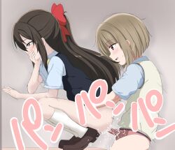 Rule 34 | 2girls, arms around waist, asymmetrical hair, behind another, blue eyes, blunt bangs, blush, bob cut, brown hair, commentary, covering own mouth, dildo, drooling, grey background, hair between eyes, hair ribbon, half-closed eyes, light brown hair, long hair, love live!, love live! nijigasaki high school idol club, messy hair, motion lines, multiple girls, nakasu kasumi, nijigasaki academy school uniform, no pants, on table, osaka shizuku, partially undressed, ponytail, pussy juice, red eyes, ribbon, saliva, school uniform, sex, sex from behind, sex toy, short hair, sideways mouth, smile, sound effects, squatting, strap-on, sweat, table, tearing up, tottsan, yuri