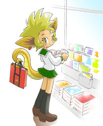 Rule 34 | 1girl, bag, blonde hair, dragon tail, earrings, holding, holding with tail, jewelry, kabiinyo (kab), magazine (object), original, prehensile tail, school uniform, slit pupils, solo, tail, yellow eyes