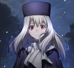 Rule 34 | 1girl, bad id, bad pixiv id, closed mouth, cloud, cloudy sky, fate/stay night, fate (series), floating hair, frown, fur hat, hair between eyes, hair intakes, hat, highres, illyasviel von einzbern, long hair, looking at viewer, night, none (kameko227), outdoors, papakha, purple hat, red eyes, silver hair, sky, solo, upper body, white neckwear