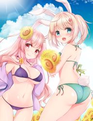 Rule 34 | 2girls, :d, animal ears, ass, bare shoulders, bikini, blue sky, blush, breasts, cleavage, closed mouth, cloud, cloudy sky, commentary request, day, flower, green bikini, green eyes, hair between eyes, hair flower, hair ornament, hairclip, jacket, large breasts, long hair, long sleeves, minakami rinka, multiple girls, hugging object, off shoulder, open clothes, open jacket, open mouth, original, outdoors, purple bikini, purple jacket, rabbit ears, rabbit girl, rabbit tail, red eyes, red flower, side-tie bikini bottom, sky, sleeves past wrists, smile, sunflower, swimsuit, tail, teeth, twintails, upper teeth only, very long hair, yellow flower