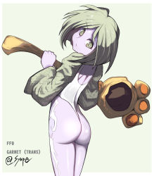 Rule 34 | 1girl, ass, closed mouth, colored skin, final fantasy, final fantasy ix, garnet til alexandros xvii, green hair, highres, holding, leotard, long sleeves, looking at viewer, official alternate costume, purple skin, short hair, simple background, solo, staff, syope, trance garnet til alexandros xvii, weapon, white leotard