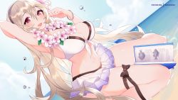 Rule 34 | 1girl, arm behind head, arm up, armpits, beach, bikini, bikini skirt, blonde hair, blue sky, bracelet, breasts, cleavage, corrin (female) (fire emblem), corrin (female) (summer) (fire emblem), corrin (fire emblem), day, fire emblem, fire emblem fates, flower, flower necklace, hairband, jewelry, large breasts, long hair, looking at viewer, nanoless, navel, necklace, nintendo, ocean, official alternate costume, open mouth, pointy ears, red eyes, sitting, skindentation, sky, smile, solo, stomach, swimsuit, thigh strap, very long hair, white bikini