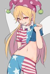 Rule 34 | 1girl, american flag legwear, american flag shirt, arm behind back, bare arms, blonde hair, breasts, clothes lift, clownpiece, commentary request, contrapposto, cowboy shot, fairy wings, gluteal fold, grey background, grin, hair between eyes, half-closed eyes, hand up, hat, jester cap, lifted by self, long hair, looking at viewer, marsen, medium breasts, naughty face, navel, neck ruff, pantyhose, polka dot, red eyes, ringed eyes, shirt, shirt lift, short sleeves, simple background, smile, smirk, solo, sports bra, standing, star (symbol), star print, stomach, striped clothes, striped pantyhose, touhou, wings