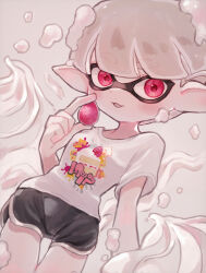 Rule 34 | 1girl, black shorts, cake, commentary request, food, food print, fruit, grey background, grey hair, highres, holding, holding food, inkling, inkling girl, inkling player character, nintendo, open mouth, parted lips, pointy ears, print shirt, red eyes, shirt, short hair, short shorts, shorts, smile, solo, splatoon (series), splatoon 3, strawberry, strawberry shortcake, tebasaki (teba illust), tentacle hair, thick eyebrows, white shirt