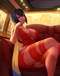 Rule 34 | 1girl, black hair, blue eyes, bob cut, breasts, cityscape, cleavage, covered erect nipples, crossed legs, dark-skinned female, dark skin, eliza (skullgirls), etahoin, hand on own cheek, hand on own face, highres, large breasts, limousine, looking at viewer, official alternate costume, short hair, sitting, skirt, skullgirls, smile, solo, thick thighs, thighs, upskirt, usekh collar, vambraces, vehicle interior