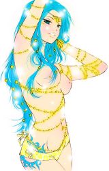 Rule 34 | 1girl, armpits, arms up, bikini, bikini bottom only, blue eyes, blue hair, breasts, earrings, female focus, gem, jewelry, legs, long hair, matching hair/eyes, medium breasts, naughty face, navel, nefertari vivi, nipples, nude, one piece, parted lips, pearl (gemstone), rocktuete, simple background, smile, solo, standing, swimsuit, tattoo, topless, white background