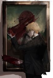 Rule 34 | 1boy, 1girl, absurdres, black jacket, black necktie, black pants, blonde hair, blood, blood on face, blood splatter, bloody weapon, chainsaw, chainsaw man, commentary, denji (chainsaw man), fine art parody, highres, jacket, long sleeves, looking at viewer, looking back, makima (chainsaw man), mona lisa, necktie, painting (action), painting (object), pants, parody, red hair, ringed eyes, shadow, short hair, solo focus, tasuketemama, weapon, wiping blood