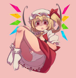 Rule 34 | 1girl, blonde hair, blush, bobby socks, cameltoe, cleft of venus, face, fat mons, female focus, flandre scarlet, floating, highres, looking at viewer, nada haruka, open mouth, panties, pantyshot, petticoat, red eyes, side ponytail, simple background, socks, solo, touhou, underwear, upskirt