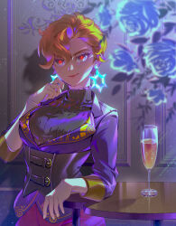 Rule 34 | 1girl, blonde hair, blue flower, blurry, briar (pokemon), champagne flute, closed mouth, commentary request, corset, creatures (company), cup, curly hair, drinking glass, earrings, eyelashes, flower, game freak, gcckg, grey eyes, hair between eyes, hand up, highres, jacket, jewelry, nintendo, pokemon, pokemon sv, purple jacket, red pupils, short hair, smile, solo, sweater under jacket, table