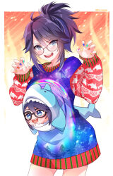 Rule 34 | 1girl, animal costume, black-framed eyewear, blue eyes, blue hair, blush, breasts, character print, chibi, christmas sweater, costume, glasses, highres, kson, large breasts, long hair, looking at viewer, mole, mole under eye, multicolored hair, multicolored nails, n gyou, nail polish, open mouth, ponytail, purple hair, shark costume, souchou, streaked hair, virtual youtuber, vshojo