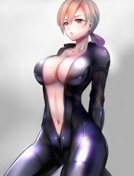 Rule 34 | 1girl, arms behind back, blonde hair, bodysuit, breasts, center opening, cleavage, collarbone, commentary request, grey eyes, jill valentine, large breasts, long hair, long sleeves, low ponytail, nagare, navel, no bra, open bodysuit, open clothes, parted lips, ponytail, resident evil, resident evil 5, shiny clothes, shiny skin, simple background, skin tight, solo, standing, unzipped, zipper