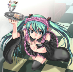 Rule 34 | 1girl, aqua eyes, cake, checkered floor, detached sleeves, female focus, floor, food, gradient background, hatsune miku, headset, licking, licking finger, parfait, skirt, solo, t shatsu, thighhighs, tray, twintails, vocaloid