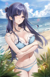 Rule 34 | 1girl, bare arms, bare shoulders, beach, bikini, black hair, blue bikini, breast hold, breasts, cleavage, cowboy shot, day, earrings, emyo, hair bun, halterneck, highres, jewelry, large breasts, long hair, looking at viewer, mole, mole on breast, mole on thigh, mole under eye, navel, open mouth, original, outdoors, purple eyes, sidelocks, solo, standing, stomach, string bikini, stud earrings, swimsuit, thighs, wet