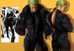 Rule 34 | 1boy, ass, back, bara, black bodysuit, black gloves, black jacket, bodysuit, covered abs, gloves, green hair, highres, jacket, large pectorals, male focus, muscular, muscular male, official alternate costume, one piece, open clothes, open jacket, pectorals, photo-referenced, roronoa zoro, scar, scar across eye, scar on face, short hair, thick thighs, thighs, umikochannart, unzipped, zipper, zipper pull tab