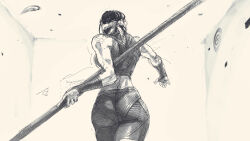 Rule 34 | 1girl, arms behind back, ass, back, ball, bare shoulders, black hair, breasts, des(desvitio), desorienter, headband, highres, medium breasts, original, polearm, rienna (desvitio), shirt, short hair, signature, solo, target, target practice, weapon
