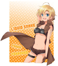 Rule 34 | &gt;:d, 1girl, :d, ahoge, arm tattoo, bad id, bad pixiv id, bandeau, black bandeau, blonde hair, blue eyes, breasts, brown theme, character name, cowboy shot, daitabashi kinu, earrings, fang, genderswap, genderswap (mtf), jewelry, liquid snake, medium breasts, metal gear (series), metal gear solid, micro shorts, necklace, open mouth, orange background, short shorts, shorts, skindentation, smile, solo, standing, stomach, stud earrings, tattoo, thigh strap, v-shaped eyebrows, vest