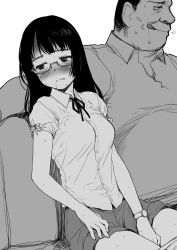 Rule 34 | 1boy, 1girl, aftersex, between legs, blush, fat, fat man, glasses, greyscale, hand between legs, highres, licking lips, long hair, looking to the side, monochrome, original, sakaki imasato, saliva, sitting, skirt, sweat, tongue, tongue out, watch, wristwatch