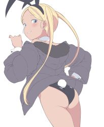 Rule 34 | 1girl, absurdres, animal ears, ass, black leotard, blonde hair, blue eyes, blush, detached collar, earrings, fake animal ears, fake tail, flat chest, highres, hood, hooded jacket, jacket, jewelry, leotard, long hair, looking at viewer, looking back, open clothes, open jacket, original, playboy bunny, rabbit ears, rabbit tail, simple background, smile, solo, stud earrings, tail, twintails, white background, wrist cuffs, zettai yarumoni
