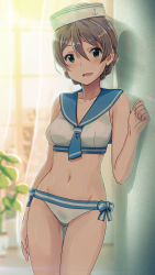 Rule 34 | 1girl, absurdres, aumann, bare shoulders, bikini, blue bow, blue neckerchief, blue sailor collar, blush, bow, braid, breasts, collarbone, commentary request, curtains, green eyes, hand up, hat, highres, idolmaster, idolmaster million live!, indoors, light brown hair, looking at viewer, medium breasts, navel, neckerchief, open mouth, sailor bikini, sailor collar, sailor hat, sailor swimsuit (idolmaster), sakuramori kaori, side braid, smile, solo, sunlight, swept bangs, swimsuit, thighs, white bikini, window