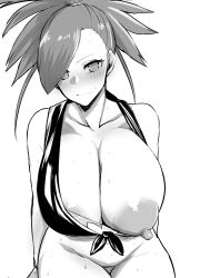 Rule 34 | 1girl, areola slip, areolae, arm support, bandeau, bangs, bare arms, bare shoulders, blush, bottomless, breasts, cleavage, closed mouth, collarbone, creatures (company), crop top, eyelashes, flannery (pokemon), game freak, greyscale, gym leader, hair tie, head tilt, high ponytail, highres, huge breasts, large areolae, looking at viewer, megao 3rd, monochrome, navel, nintendo, nipples, one breast out, pants, pokemon, pokemon (game), pokemon oras, ponytail, shirt, short hair, simple background, sleeveless, solo, sweat, swept bangs, thigh gap, tied shirt, wavy mouth, white background