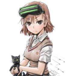 Rule 34 | 1girl, amania orz, breasts, brown eyes, brown hair, cat, closed mouth, dated, empty eyes, hair ornament, head-mounted display, looking at viewer, medium breasts, misaka imouto, school uniform, short hair, signature, simple background, solo, sweater vest, toaru majutsu no index, twitter username, white background