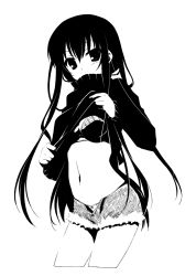 Rule 34 | 1girl, black hair, bow, bra, breasts, clothes lift, female focus, greyscale, high contrast, hip focus, lingerie, long hair, looking at viewer, midriff, monochrome, navel, open fly, original, panties, shirt lift, shorts, shouna mitsuishi, simple background, solo, sweater, underwear, undressing, unzipped, white background