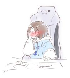 Rule 34 | 1girl, blush, brown hair, chair, closed eyes, commentary, drawstring, english commentary, gaming chair, hand on own face, hood, hood down, keyboard (computer), looking away, mouse (computer), mousepad (object), original, short hair, simple background, sitting, swivel chair, tama gotoh, white background, yoruny