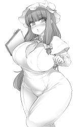 Rule 34 | 1girl, blunt bangs, blush, book, bow, breasts, capelet, crescent, crescent hair ornament, curvy, greyscale, hair bow, hair ornament, haseru (ginku mh), hat, huge breasts, long hair, long sleeves, looking at viewer, mob cap, monochrome, necktie, parted lips, patchouli knowledge, plump, simple background, solo, standing, thick thighs, thighs, touhou, white background, wide hips, wing collar