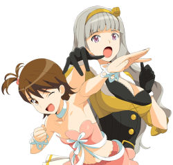 Rule 34 | 00s, 2girls, 961 production, a1 (initial-g), armpits, breasts, brown hair, cleavage, cute &amp; girly (idolmaster), futami ami, grey hair, idolmaster, idolmaster (classic), large breasts, multiple girls, one eye closed, shijou takane, wink