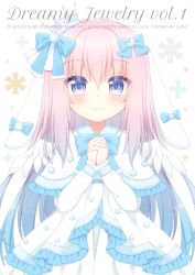 Rule 34 | 1girl, animal ears, artist name, blue bow, blue eyes, blush, bow, capelet, closed mouth, commentary request, crescent, dress, ears down, feathered wings, fur-trimmed capelet, fur trim, hair between eyes, hair bow, himetsuki luna, looking at viewer, mini wings, original, own hands clasped, own hands together, rabbit ears, smile, solo, white background, white capelet, white dress, white wings, wings