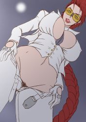 Rule 34 | 1girl, braid, breasts, capcom, cleavage, crimson viper, female pubic hair, from below, glasses, gloves, large breasts, navel, necktie, papepox2, ponytail, pubic hair, red hair, single braid, solo, street fighter, street fighter iv (series), wide hips