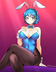 Rule 34 | 1girl, alternate costume, animal ears, bare shoulders, blue bow, blue bowtie, blue hair, blue leotard, blush, bow, bowtie, braid, breasts, brown pantyhose, cleavage cutout, closed mouth, clothing cutout, commentary, covered navel, crossed legs, crown braid, detached collar, fake animal ears, fire emblem, fire emblem: three houses, grey eyes, hand on own chest, highres, jarckius, large breasts, leotard, looking at viewer, marianne von edmund, nintendo, pantyhose, playboy bunny, rabbit ears, short hair, sitting, smile, solo, strapless, strapless leotard, thighs, twitter username, wrist cuffs