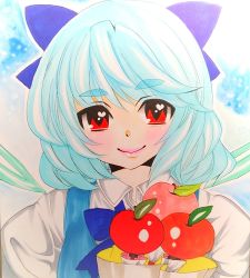 Rule 34 | 1girl, apple, blue background, blue dress, blue hair, blush, bow, cirno, collared shirt, dress, eyebrows, food, fruit, hair bow, heart, ice, ice wings, looking at viewer, matsuppoi, pink lips, red eyes, shikishi, shirt, short hair, smile, solo, touhou, upper body, white background, wings